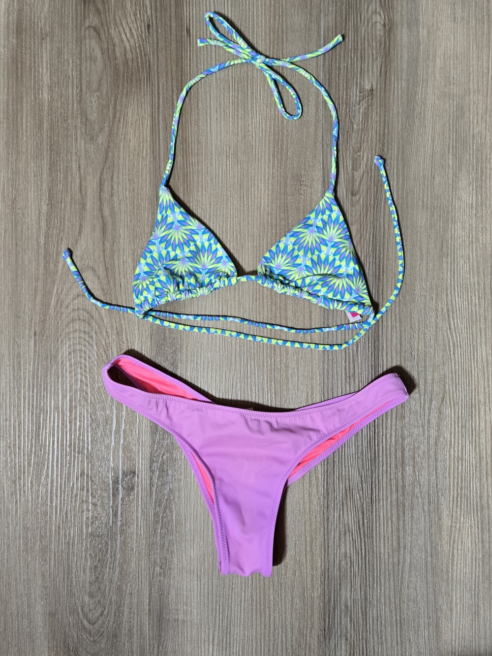 Victoria's Secret Green & Blue Floral Triangle Bikini Top with Pink Bottom